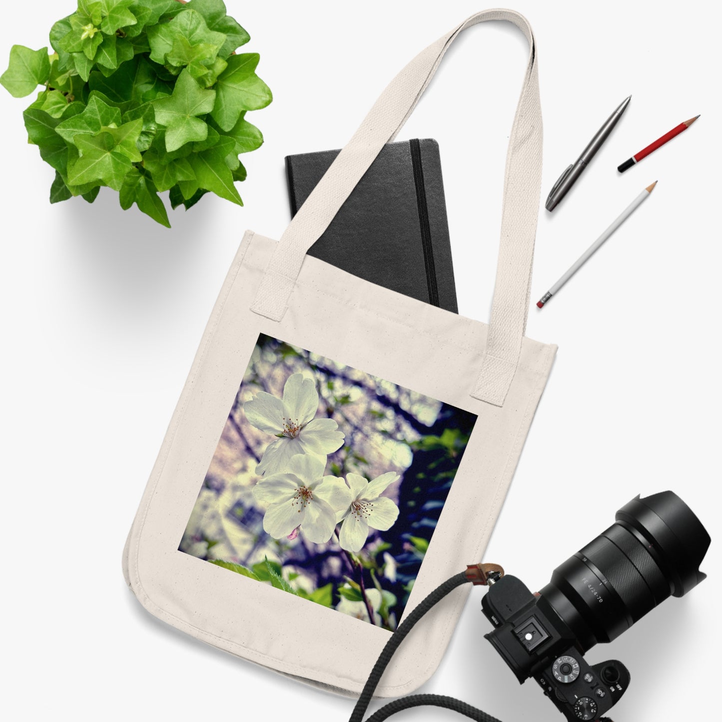 Cherry Blossoms Organic Canvas Tote Bag, Eco-Friendly Shopping Bag, Reusable Grocery Tote, Beach Bag, Gift for Nature Lovers