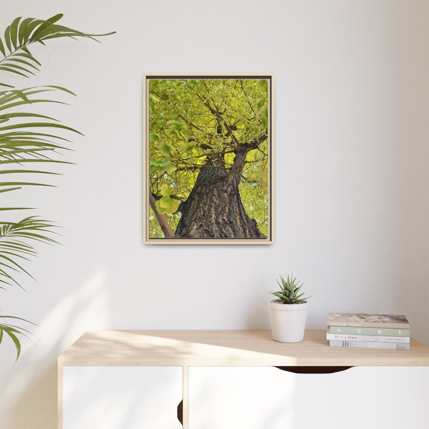Sunlit Green Tree Canopy Framed Canvas Print — Botanical Nature Wall Art