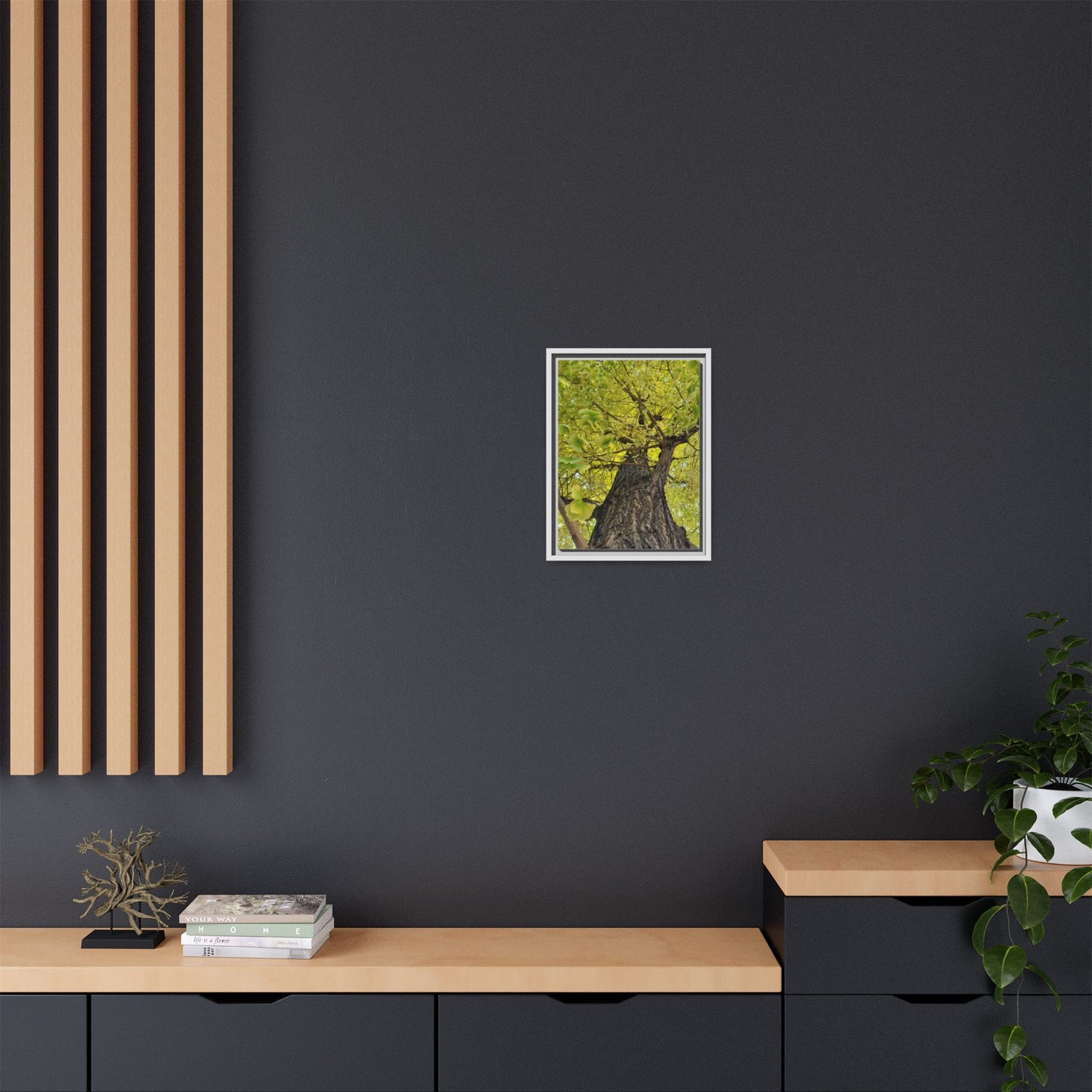 Sunlit Green Tree Canopy Framed Canvas Print — Botanical Nature Wall Art