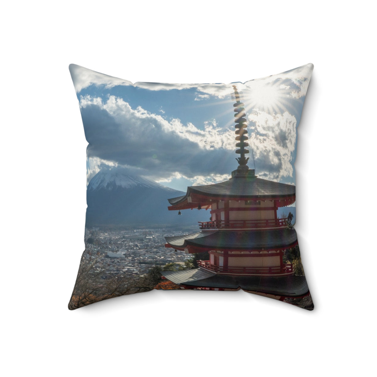 Chureito Pagoda & Mount Fuji Autumn Faux Suede Pillow — Fujiyoshida Fall Foliage Cushion, Plush Japanese Décor