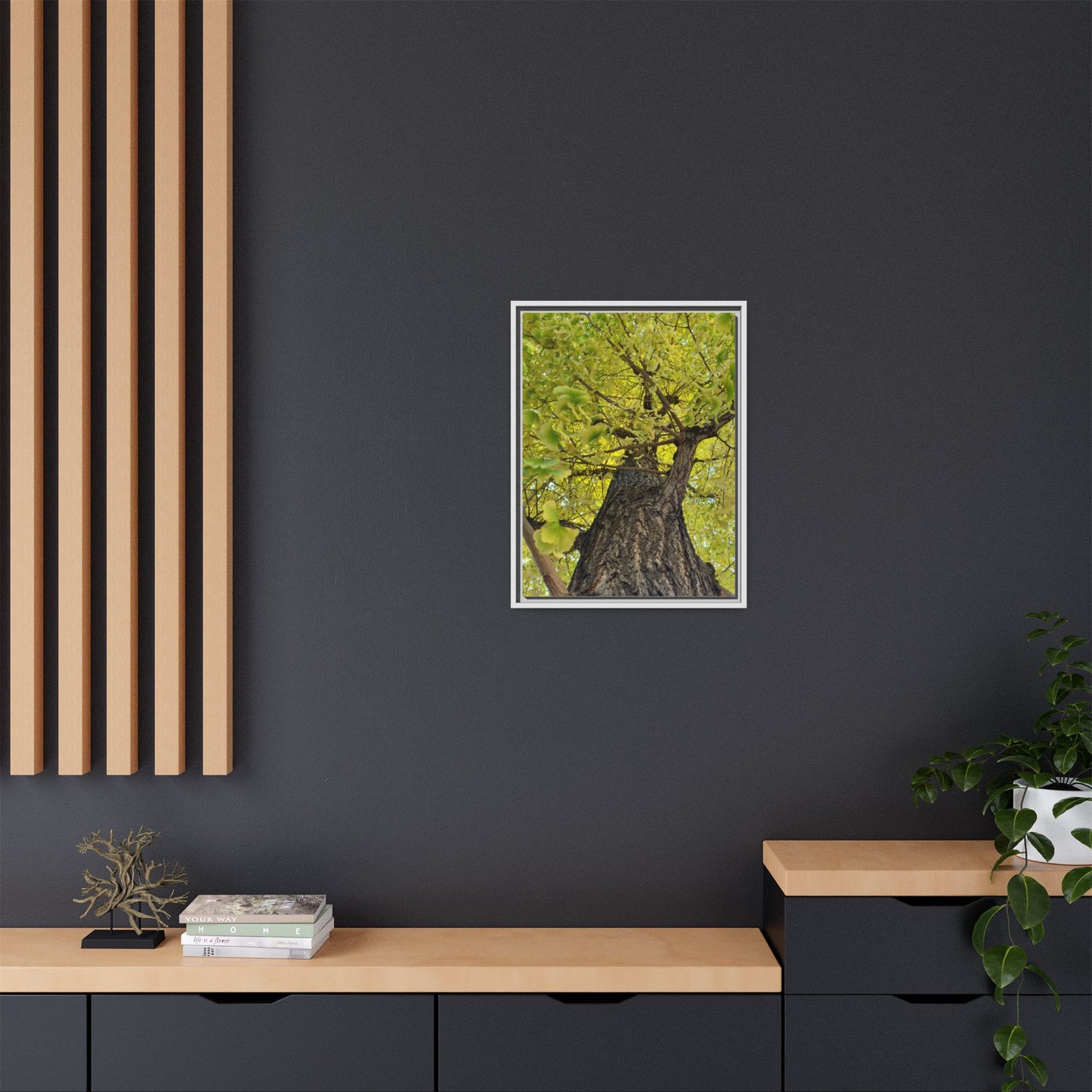 Sunlit Green Tree Canopy Framed Canvas Print — Botanical Nature Wall Art