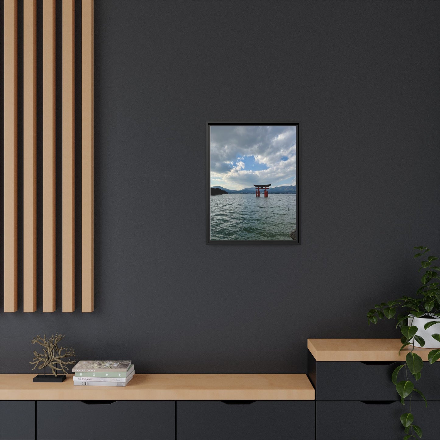 Miyajima Torii Gate Framed Canvas Print — Serene Japanese Coastal Wall Art