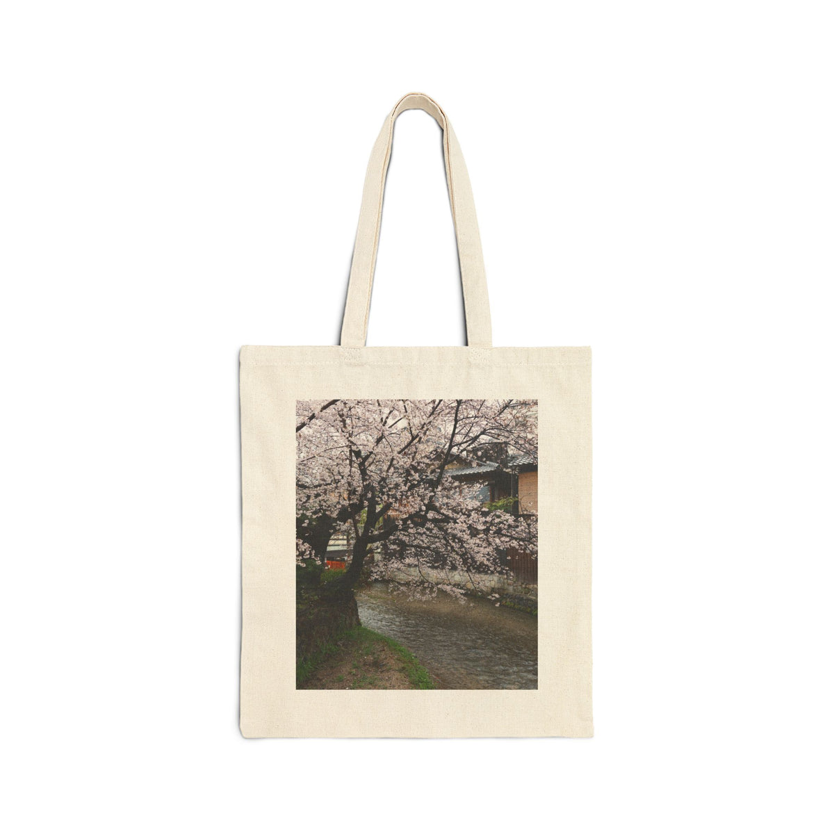 Kyoto Gion Shirakawa cherry blossom canvas tote bag, Japanese sakura market tote