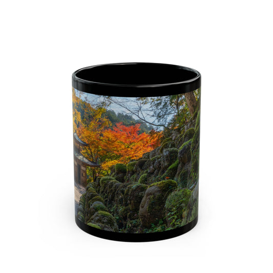 Black coffee mug with Otagi Nenbutsu-ji temple autumn foliage, Arashiyama Kyoto