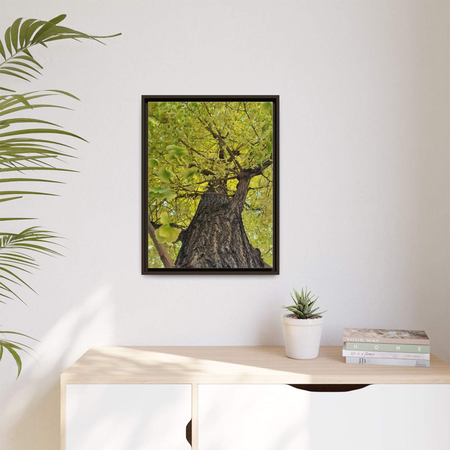 Sunlit Green Tree Canopy Framed Canvas Print — Botanical Nature Wall Art