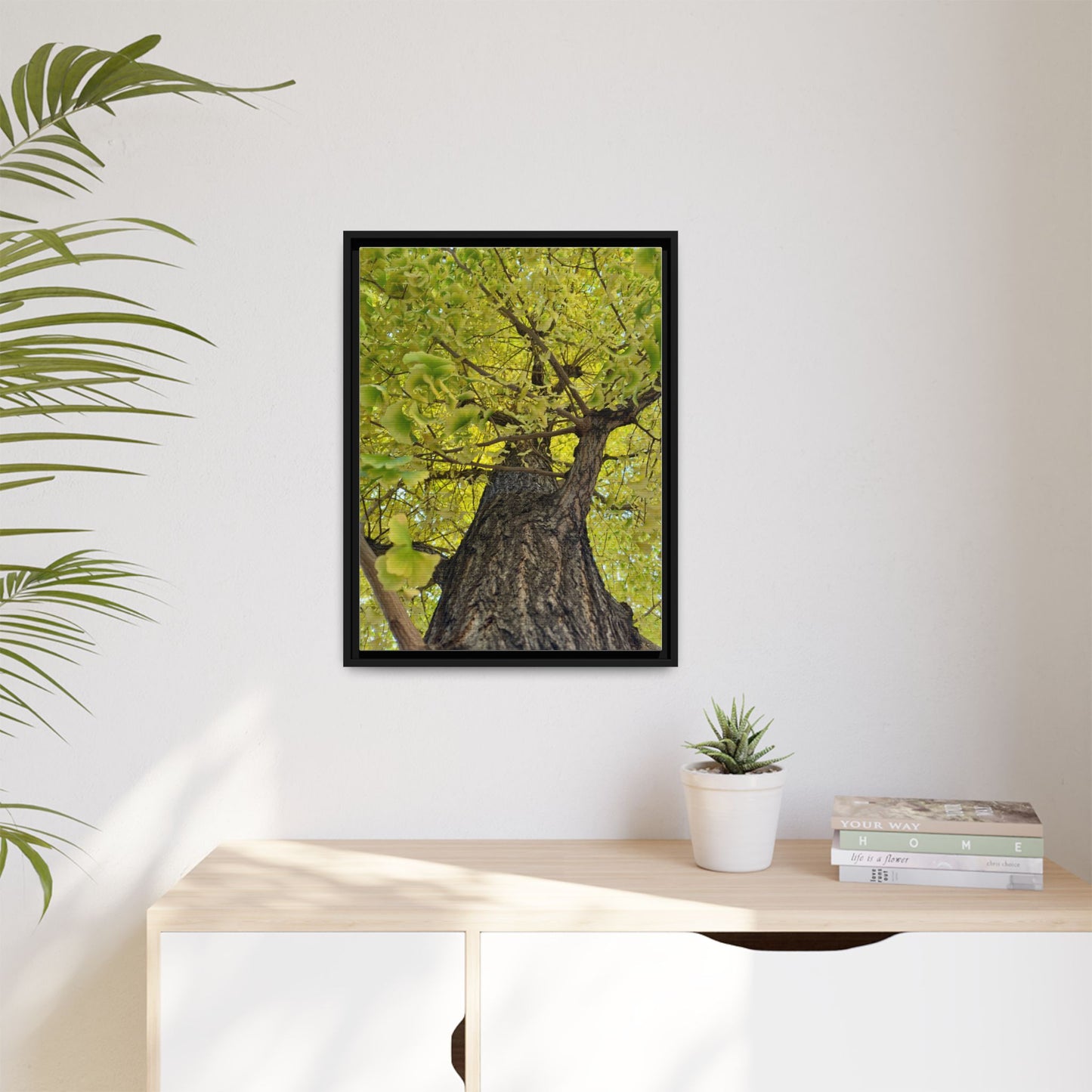 Sunlit Green Tree Canopy Framed Canvas Print — Botanical Nature Wall Art