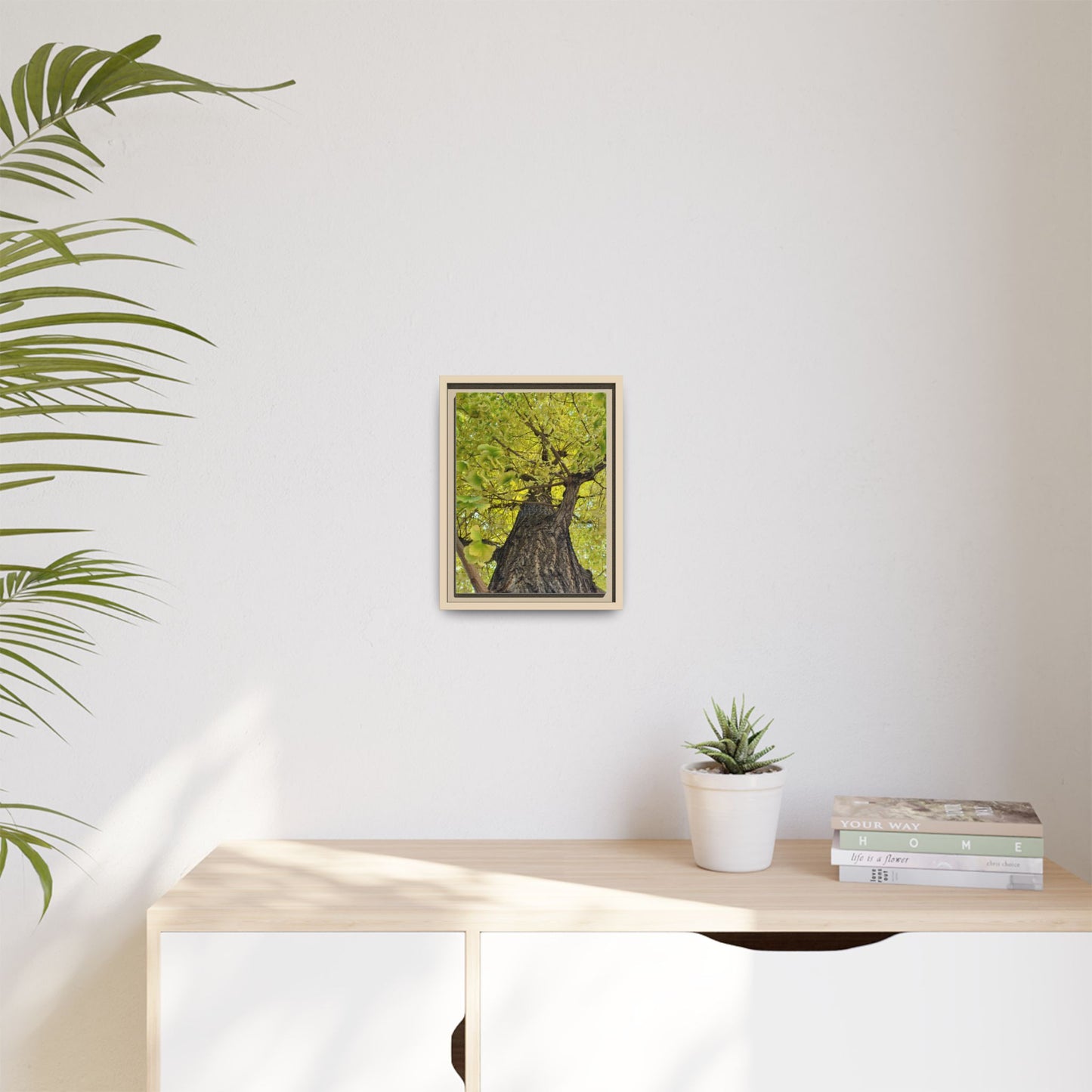 Sunlit Green Tree Canopy Framed Canvas Print — Botanical Nature Wall Art