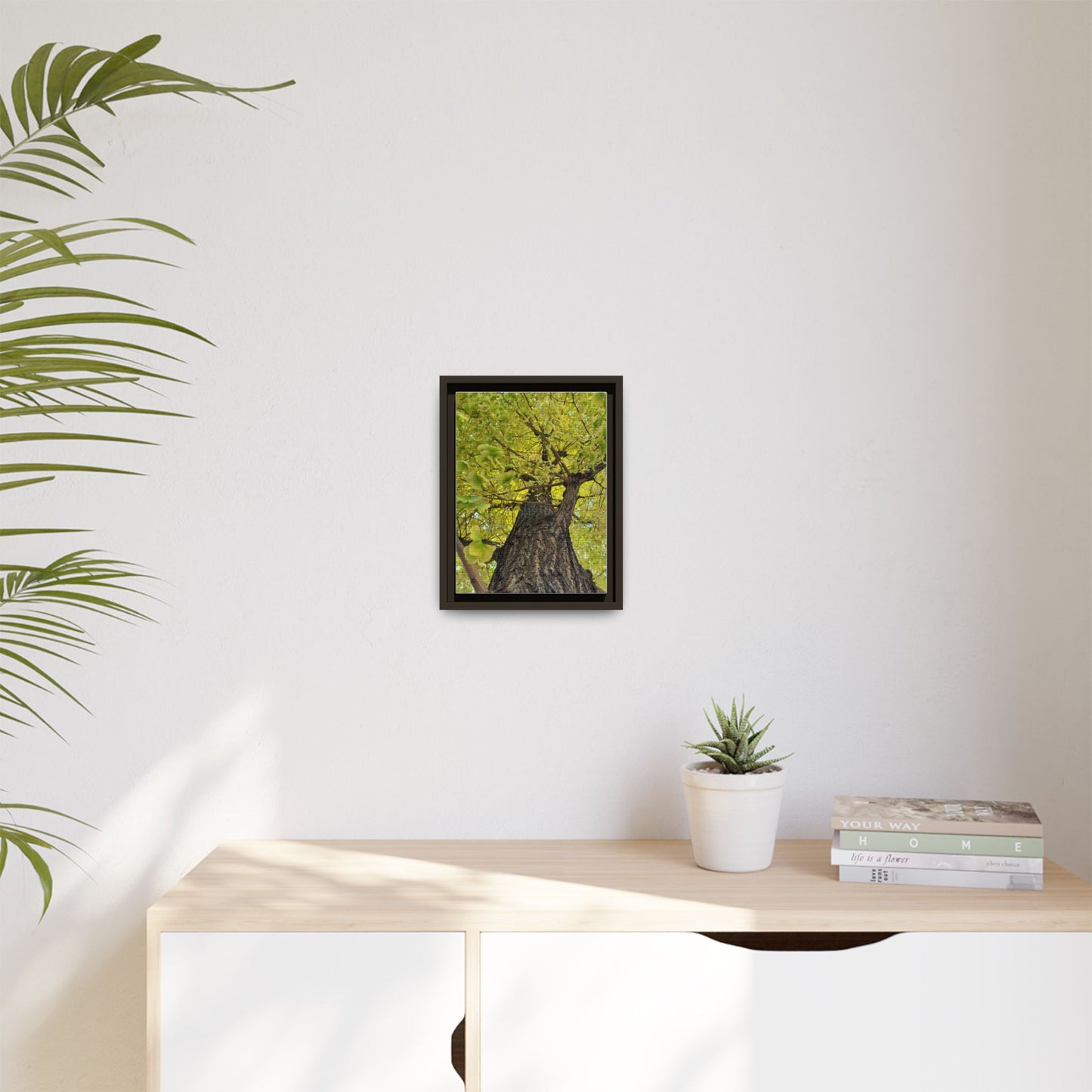Sunlit Green Tree Canopy Framed Canvas Print — Botanical Nature Wall Art