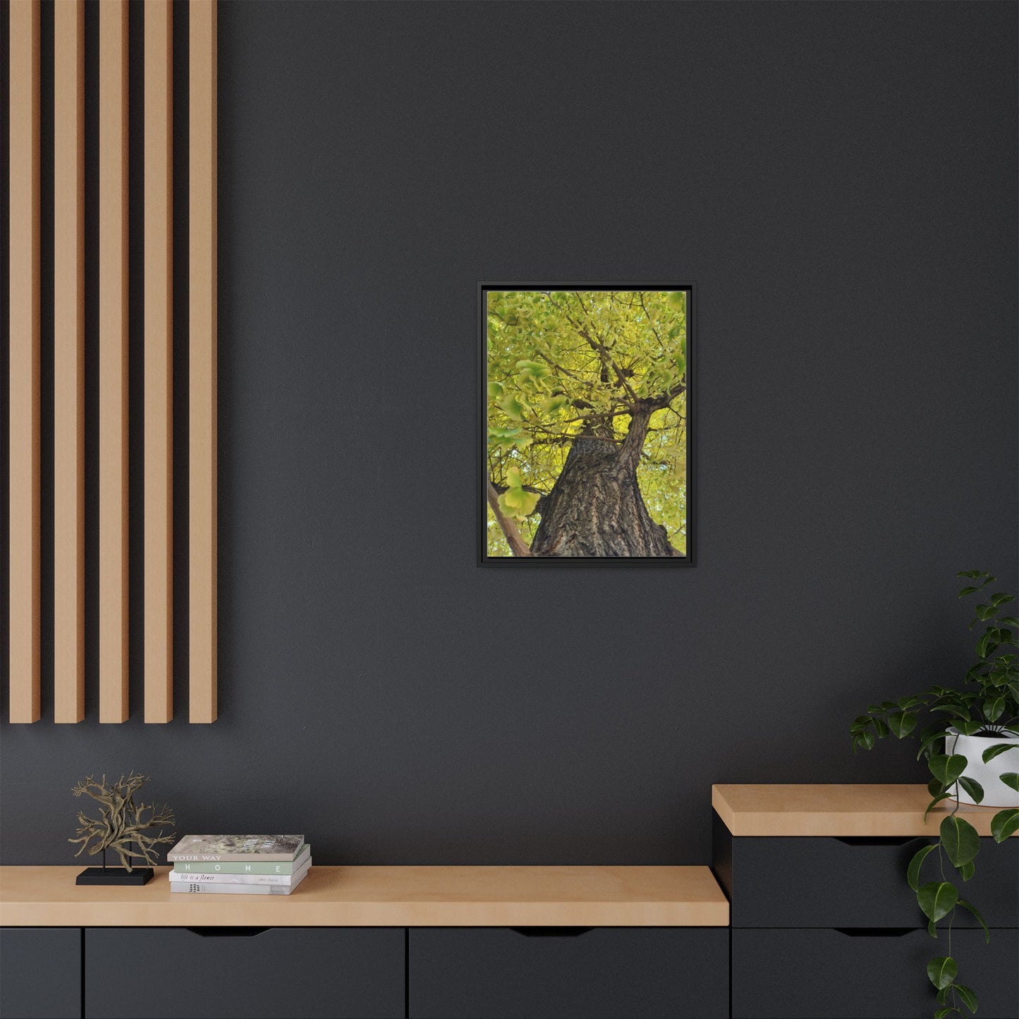 Sunlit Green Tree Canopy Framed Canvas Print — Botanical Nature Wall Art