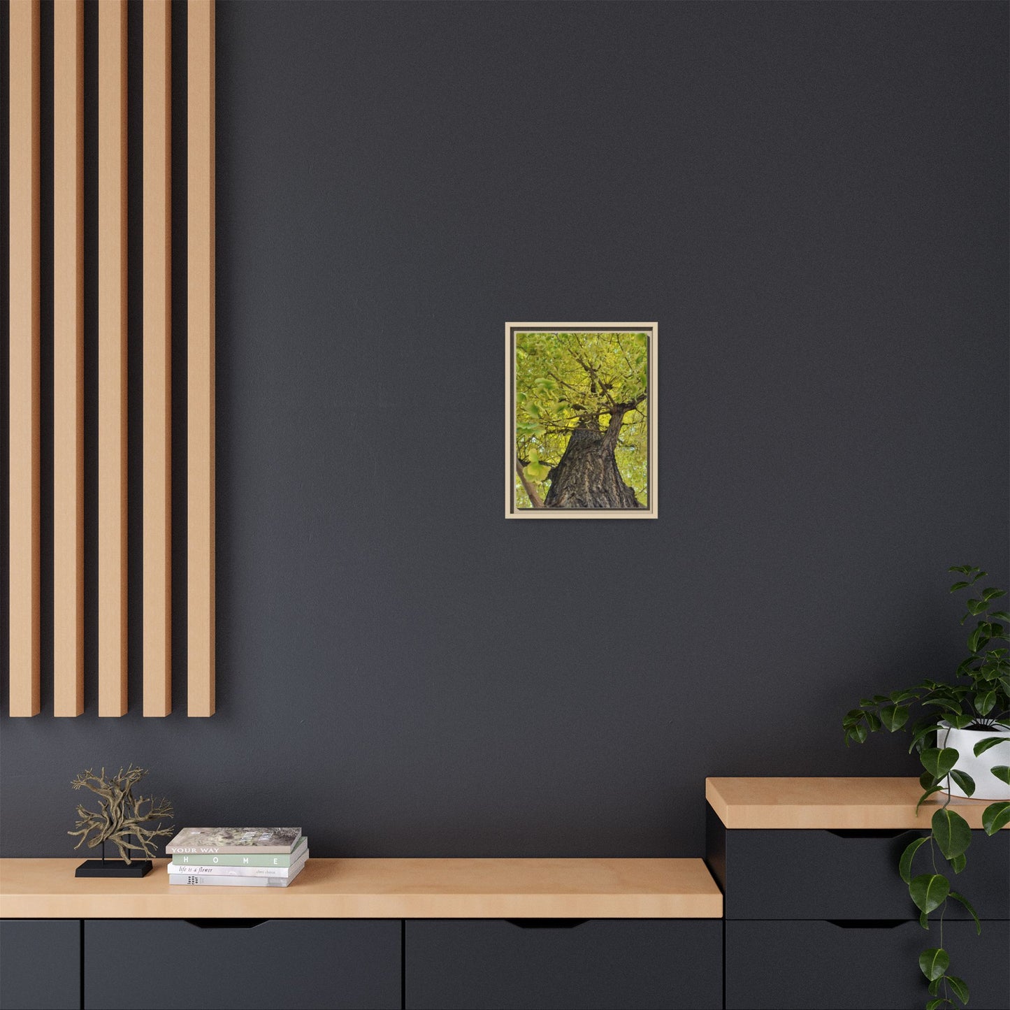 Sunlit Green Tree Canopy Framed Canvas Print — Botanical Nature Wall Art