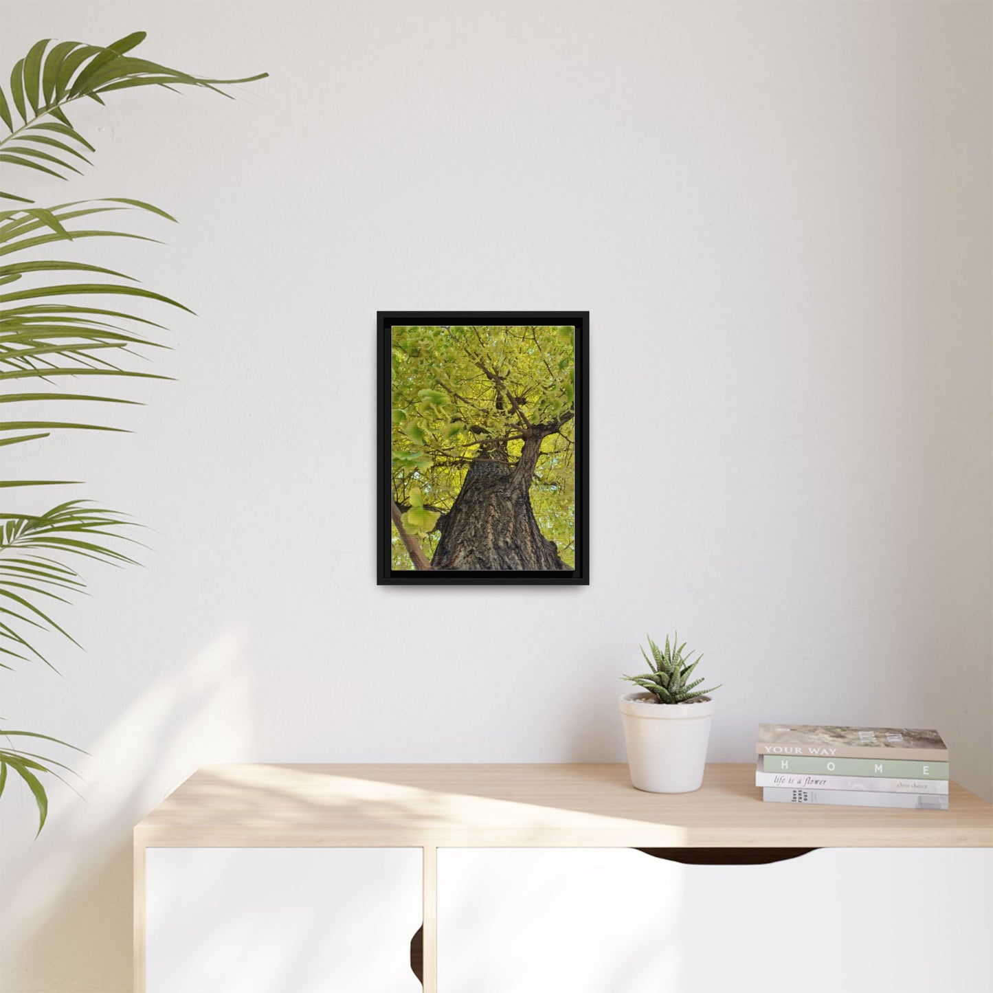 Sunlit Green Tree Canopy Framed Canvas Print — Botanical Nature Wall Art