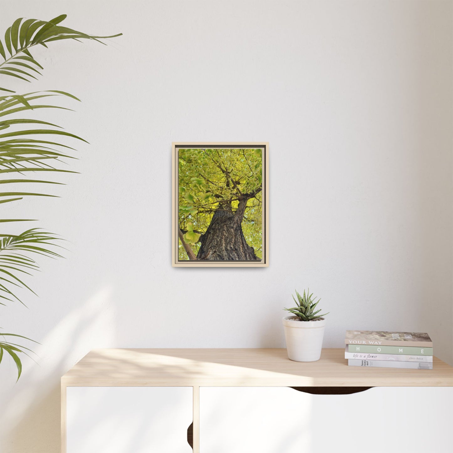 Sunlit Green Tree Canopy Framed Canvas Print — Botanical Nature Wall Art