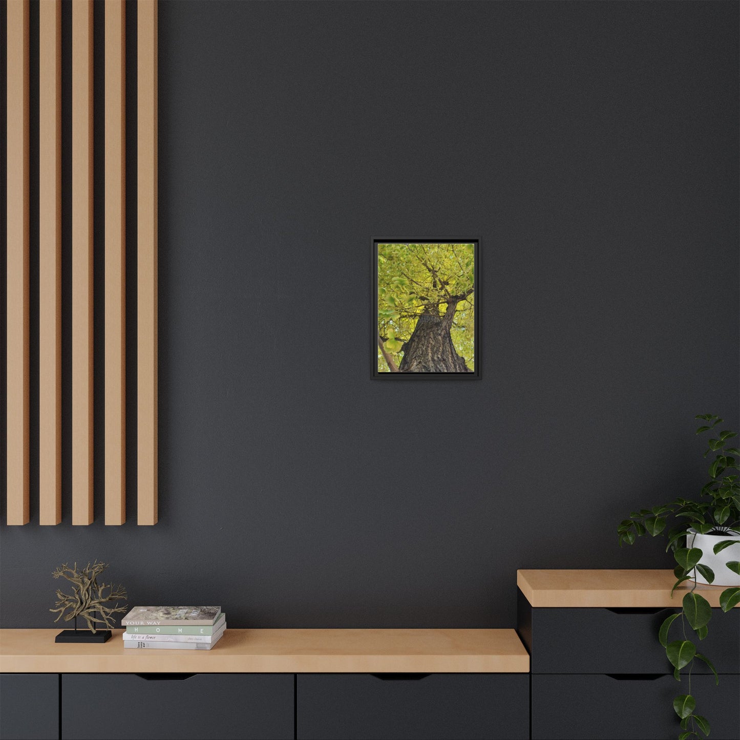 Sunlit Green Tree Canopy Framed Canvas Print — Botanical Nature Wall Art