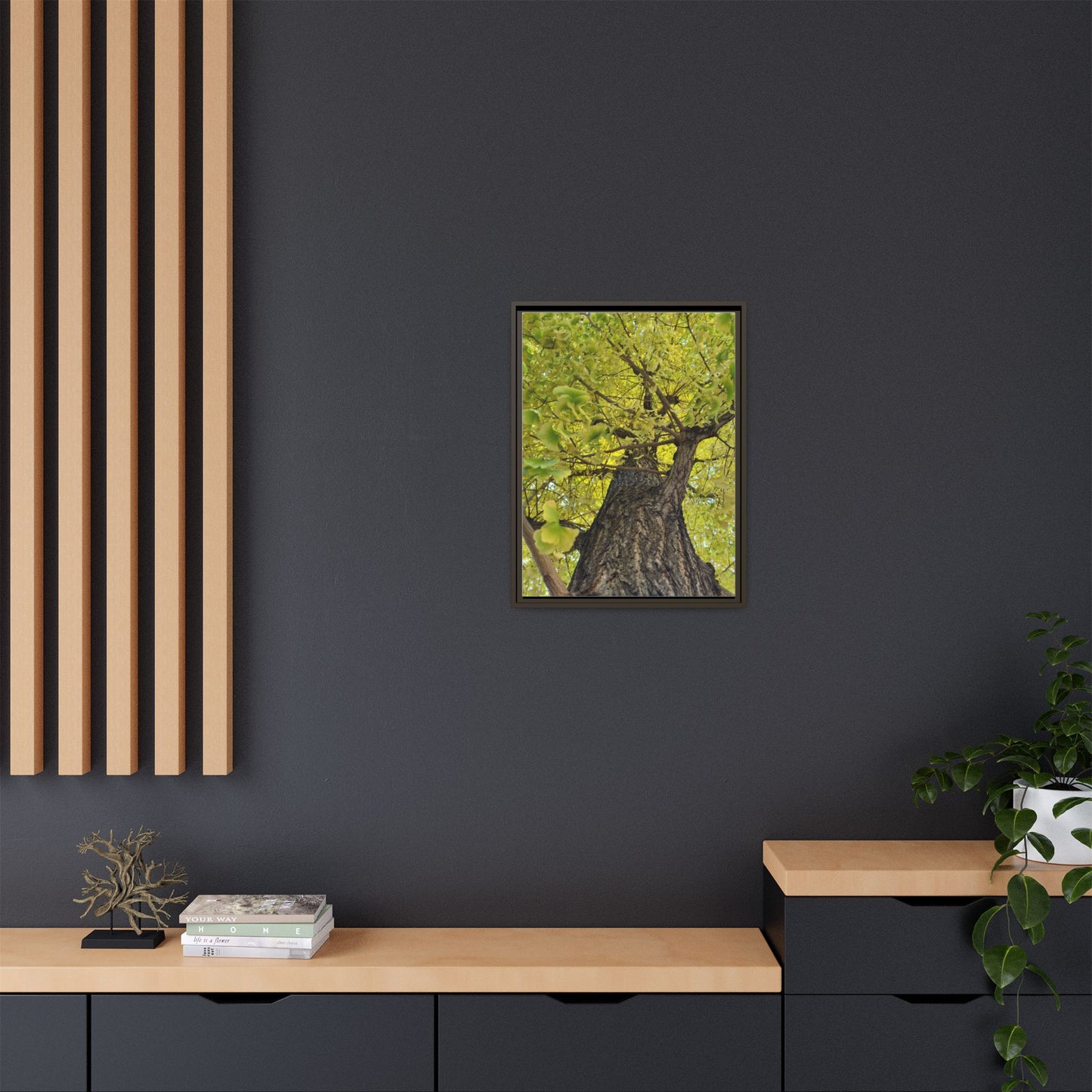 Sunlit Green Tree Canopy Framed Canvas Print — Botanical Nature Wall Art