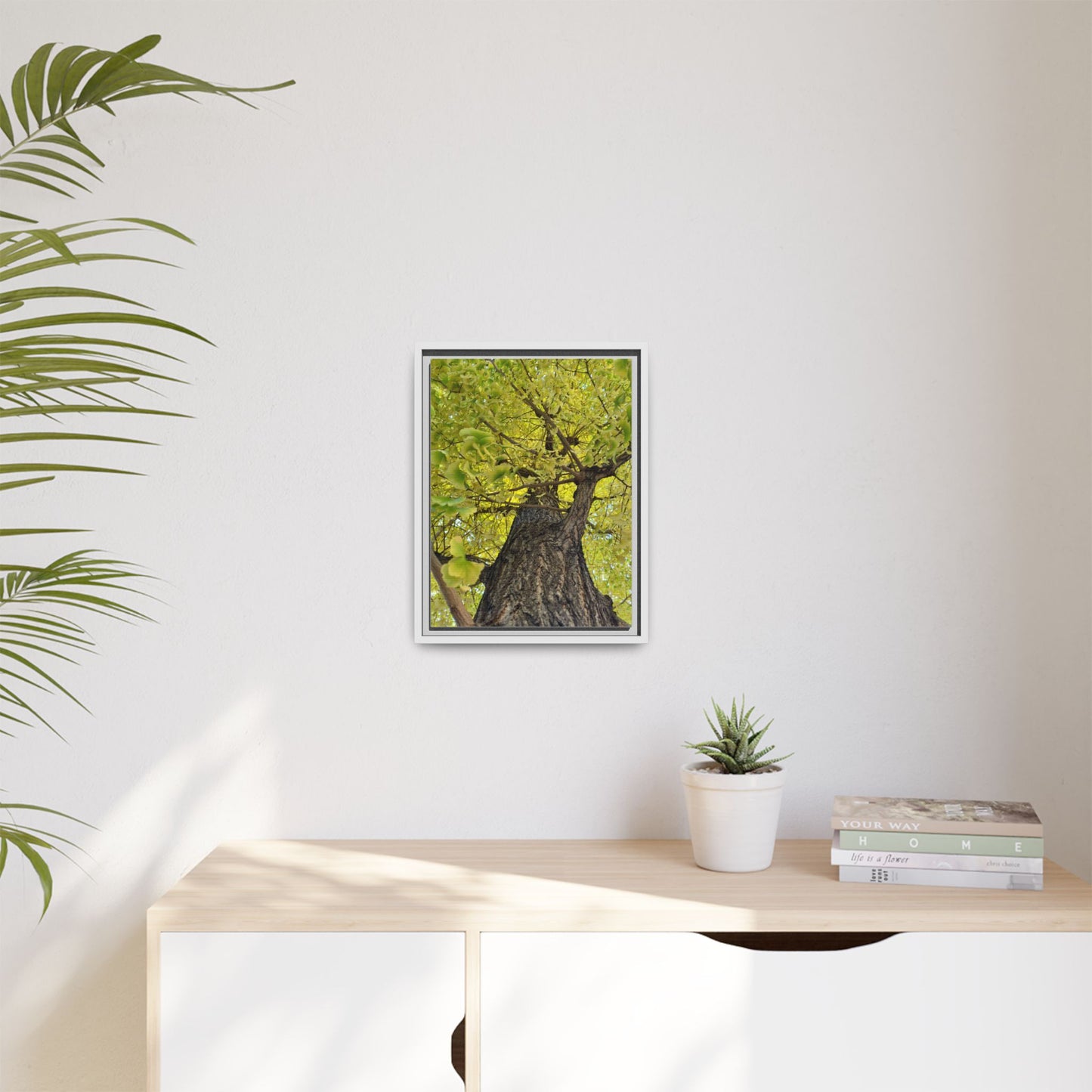 Sunlit Green Tree Canopy Framed Canvas Print — Botanical Nature Wall Art