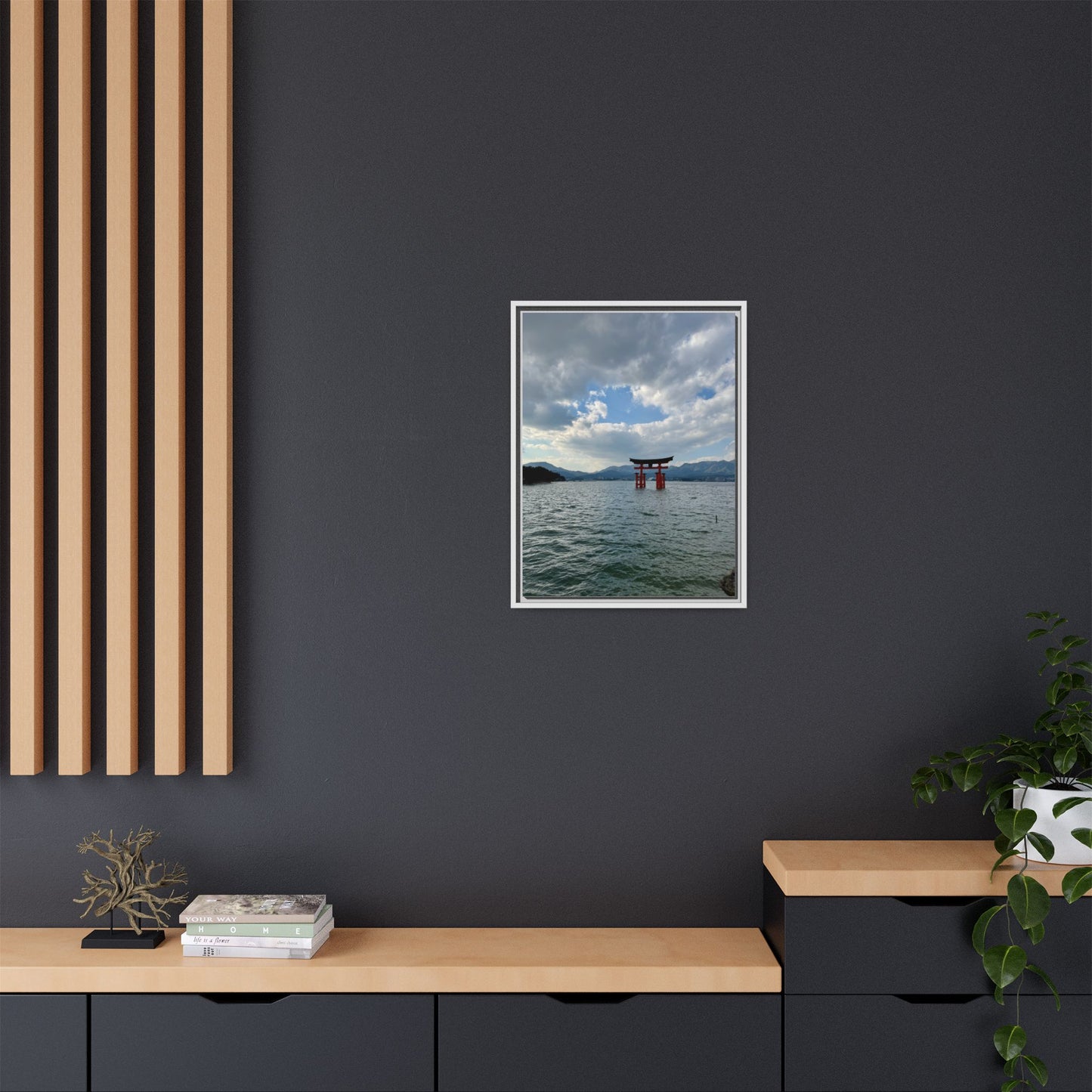 Miyajima Torii Gate Framed Canvas Print — Serene Japanese Coastal Wall Art